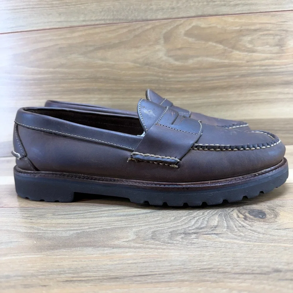 LL BEAN Allagash Penny Loafers Mens 9.5 D Brown Leather Handsewn Lug Sole Casual